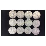 12- 1940s Walking Liberty Silver Half Dollars