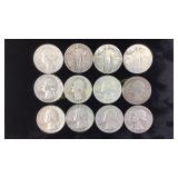 12 Various Silver US Quarters 1926-1965