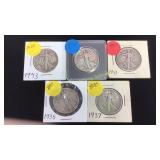 5 Walking Liberty 90% Silver Half Dollars