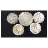 Morgan Silver Dollar & 4 Half Dollars Liberty +