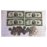 4 $2 Bills & U.S. Coins Dollar, Half Dollar +