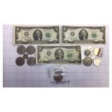 U.S. Paper Currency & Coins 2 Silver Dimes & More