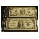 1-1935E Silver Certificate, 1-1976 Two Dollar Note