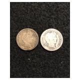 Lot of 2 Barber Silver Dimes