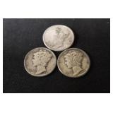 Lot of 3 Mixed Date Mercury Dimes