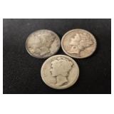 Lot of 3 Mixed Date Mercury Dimes