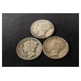 Lot of 3 Mixed Date Mercury Dimes