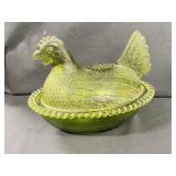 Vintage Green "Hen on Nest Covered Dish Beaded