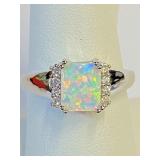 .925 Silver Australian Fire Opal & Amethyst Ring