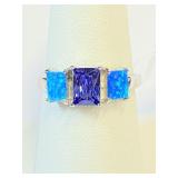 .925 Silver Tanzanite & Blu Opal Ring Sz 8   L