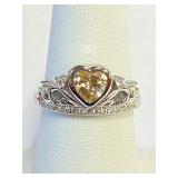 .925 Silver Champagne Heart Ring Sz 7   L