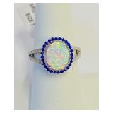 .925 Silver Opal & Sapphire Halo Ring Sz 7   E