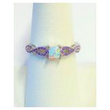 .925 Silver White OPal & Amethyst Ring Sz 7   L