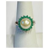 .925 Silver Green Tourmaline and Pearl Ring  Sz 7