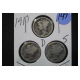 Lot of 3 1917 Silver Mercury Dimes