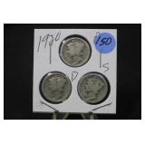 Lot of 3 1920 Silver Mercury Dimes