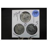 Lot of 3 1919 Silver Mercury Dimes