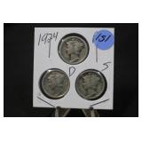 Lot of 3 1924 Silver Mercury Dimes