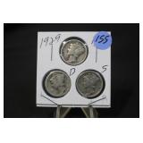 Lot of 3 1929 Silver Mercury Dimes