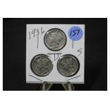 Lot of 3 1936 Silver Mercury Dimes