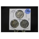 Lot of 3 1935 Silver Mercury Dimes