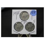 Lot of 3 1938 Silver Mercury Dimes
