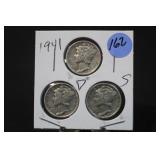 Lot of 3 1941 Silver Mercury Dimes