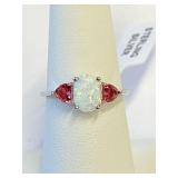 .925 Silver Opal & Ruby Heart Ring Sz 7   E