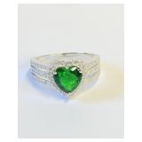 .925 Silver 3ct Heart Shape Emerald Ring Sz 7   S