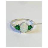 .925 Silver Opal & Emerald Heart Ring Sz 7   E