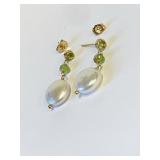 14K Gold Pearl & Peridot Earrings