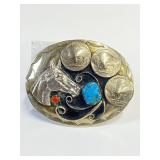 Belt Buckle With Turquoise & Coral & Buffalo