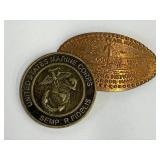 Flattened Penny and U.S. Marine Corp Token
