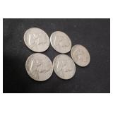 Lot of 5 90% Silver Franklin Half Dollars