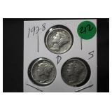 Lot of 3 Mercury Silver Dimes