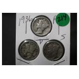 Lot of 3 Mercury Silver Dimes