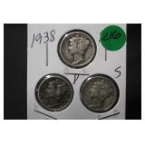 1938 Lot of 3 Mercury Silver Dimes