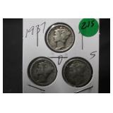 Lot of 3 Mercury Silver Dimes
