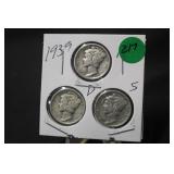 1939 Lot of 3 Mercury Silver Dimes