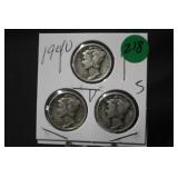 1940 Lot of 3 Mercury Silver Dimes