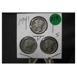 1941 Lot of 3 Mercury Silver Dimes