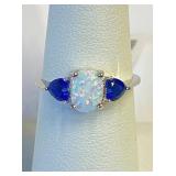 .925 Silver Opal & Heart Blue Sapphire Ring Sz 7