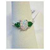 .925 Silver Oval & Heart Emerald Ring Sz 7    E