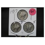 1917 Set of 3 Mercury Silver Dimes P,D,&S