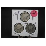 1918 Set of 3 Mercury Silver Dimes P,D,&S