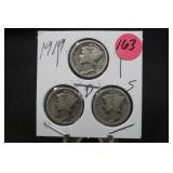 1919 Set of 3 Mercury Silver Dimes P,D,&S