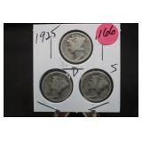 1925 Set of 3 Mercury Silver Dimes P,D,&S