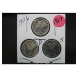 1926 Set of 3 Mercury Silver Dimes P,D,&S