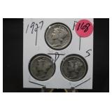 1927 Set of 3 Mercury Silver Dimes P,D,&S