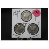 1929 Set of 3 Mercury Silver Dimes P,D,&S